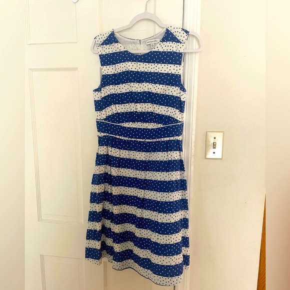 ModCloth Emily and Fin Blue and White Stripes/dotted dress/pockets - Picture 3 of 5